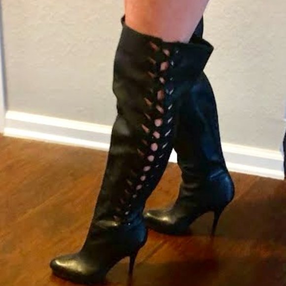 CALVIN KLEIN Sarabelle Black Over the Knee Platform Stiletto Boots 7.5 MSRP $350 - Picture 1 of 11